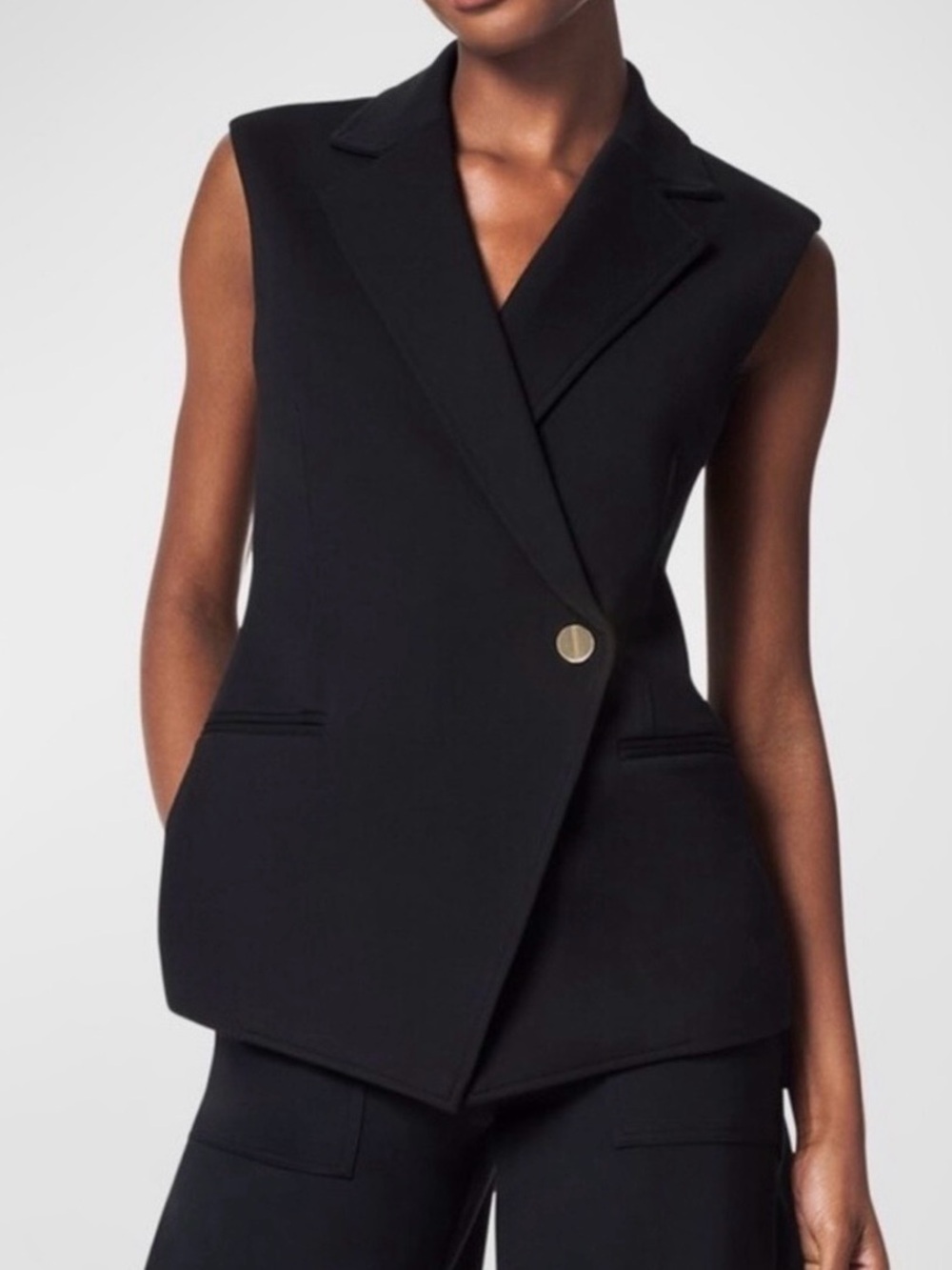 NWT SPANX Tailored Black Sleeveless Asymmetric Ponte Blazer Vest USM office chic